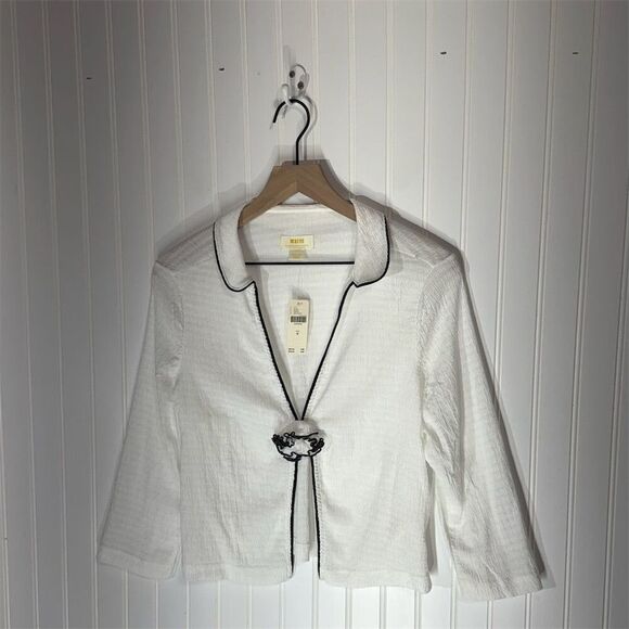Maeve Anthropologie White Textured Cardigan M NWT Black Trim Bow Front Top - Picture 1 of 8